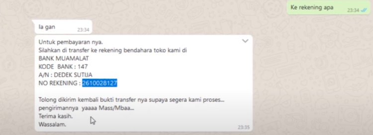 Chat penjual, usahakan mendapatkan rekening mereka