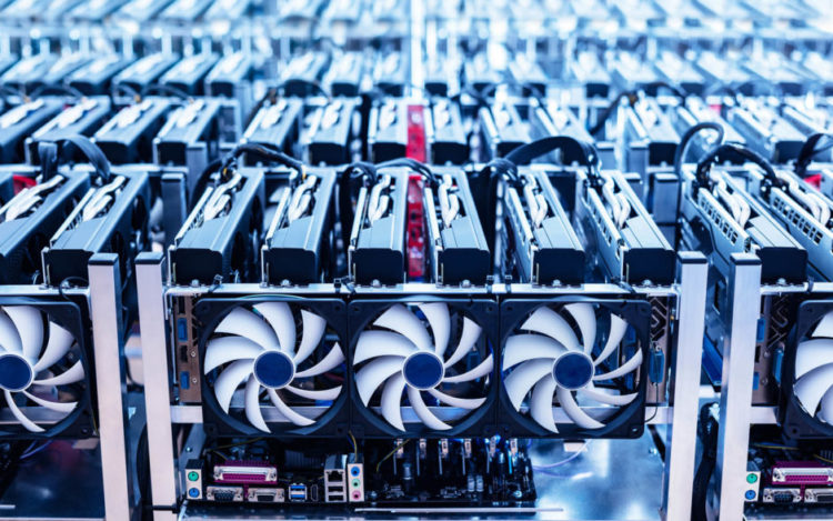 Bitcoin mining farm. IT hardware. Electronic devices with fans. Cryptocurrency miners.