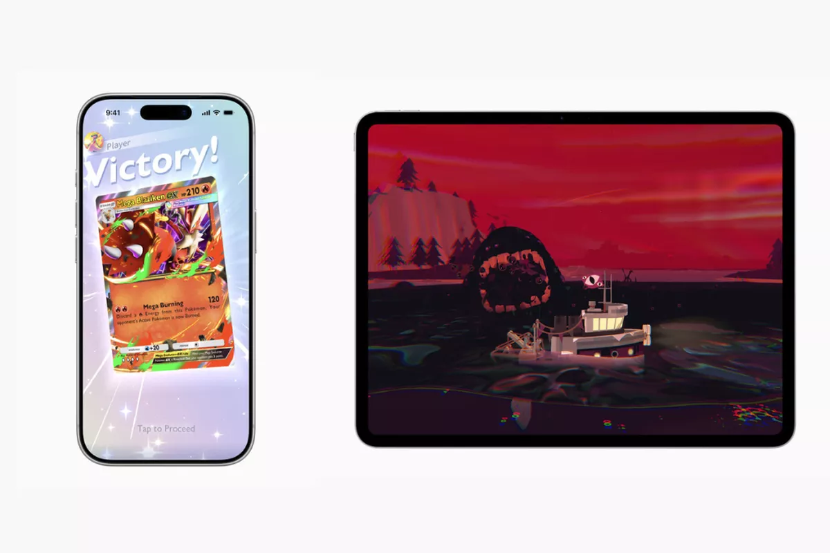 Layar iPhone menampilkan kartu game TCG (Trading Card Game) dengan tulisan "Victory!", dan layar iPad menampilkan game monster laut horor, mewakili Game iPhone Gratis dengan grafis memukau.