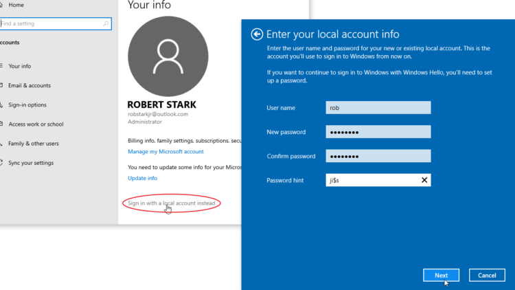 hubungkan local account ke microsoft account