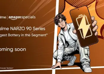 Smartphone Narzo 90 dengan tampilan layar penuh dan punch-hole kamera depan, menyiratkan kualitas layar yang akan dibawa.