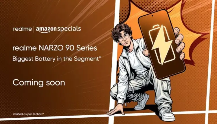 Smartphone Narzo 90 dengan tampilan layar penuh dan punch-hole kamera depan, menyiratkan kualitas layar yang akan dibawa.