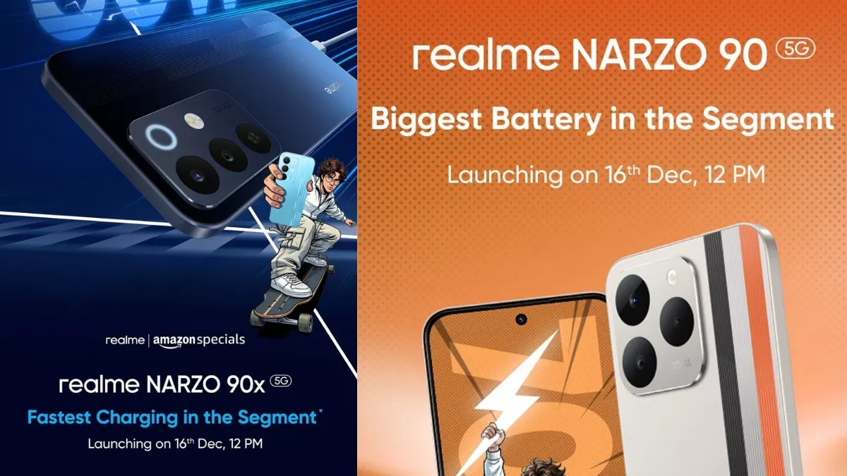 Dua unit smartphone (mewakili Realme Narzo 90 Series) dalam warna ungu dan biru, menyoroti desain kamera dan branding Narzo.