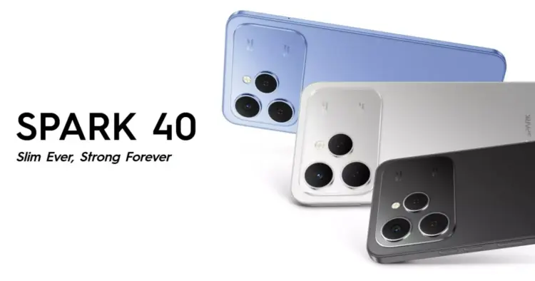 Smartphone TECNO Spark 40 dengan tampilan layar penuh, menyoroti desain premium dan bezel yang tipis.