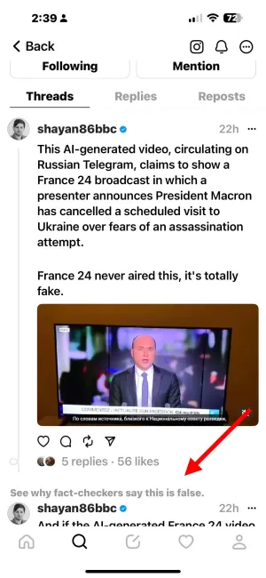 Label peringatan di Threads contoh sistem pengecekan fakta mereka yang baru
