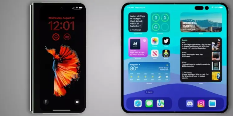 Dua unit smartphone Apple (mewakili iPhone Fold) dipajang di atas meja, menyoroti desain premium yang mendukung teknologi eSIM.