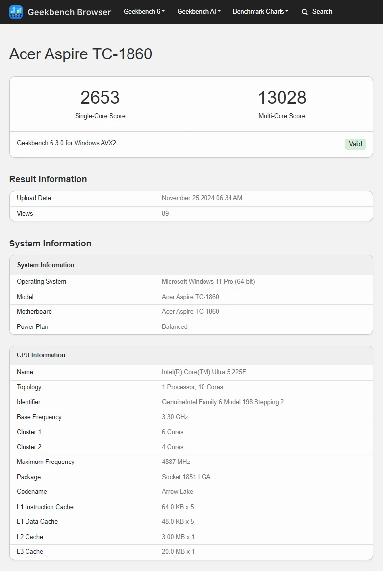 Pengujian Geekbench Intel Core Ultra 5 225F