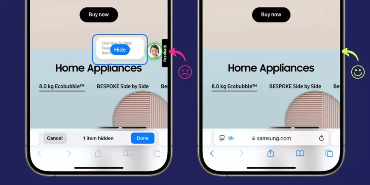 Ilustrasi perbandingan layar iPhone (Safari) yang menampilkan pop-up iklan yang disembunyikan (hidden) vs layar yang bersih setelah elemen iklan tersebut dihilangkan, menunjukkan penghapusan elemen yang mengganggu.