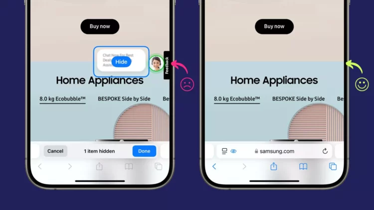 Ilustrasi perbandingan layar iPhone (Safari) yang menampilkan pop-up iklan yang disembunyikan (hidden) vs layar yang bersih setelah elemen iklan tersebut dihilangkan, menunjukkan penghapusan elemen yang mengganggu.