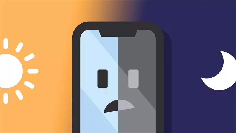 Ilustrasi ponsel pintar yang terbagi dua, satu sisi kuning (Siang) dengan ikon matahari, dan sisi lain biru gelap (Malam) dengan ikon bulan, menunjukkan perubahan kecerahan.
