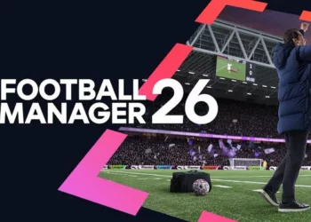Logo "Football Manager 26" dengan seorang pelatih merayakan kemenangan di pinggir lapangan stadion.