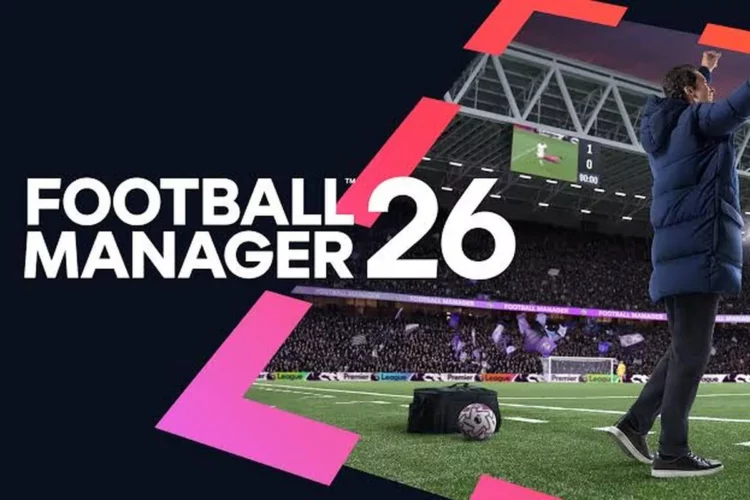 Logo "Football Manager 26" dengan seorang pelatih merayakan kemenangan di pinggir lapangan stadion.