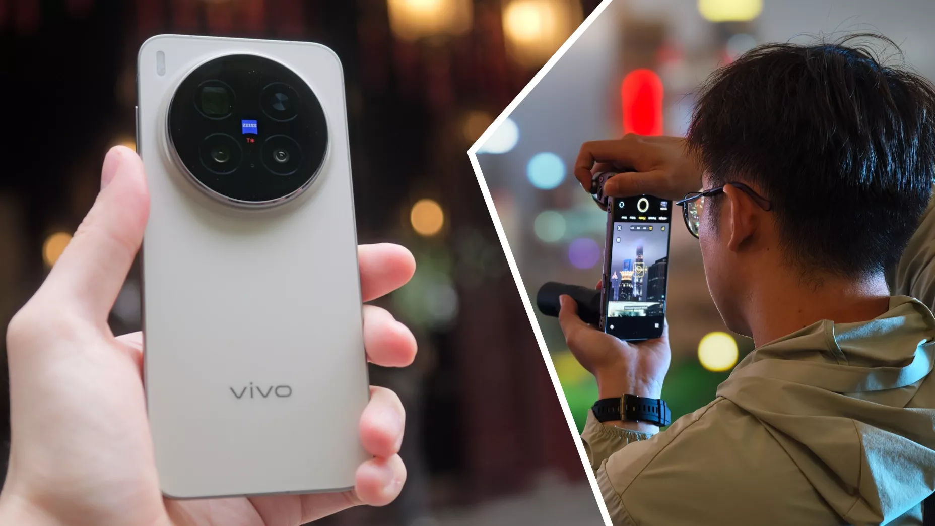 Sisi kiri menampilkan bodi vivo X300 Pro, sisi kanan menampilkan seseorang sedang menggunakan ponsel untuk mengambil foto dengan kamera.