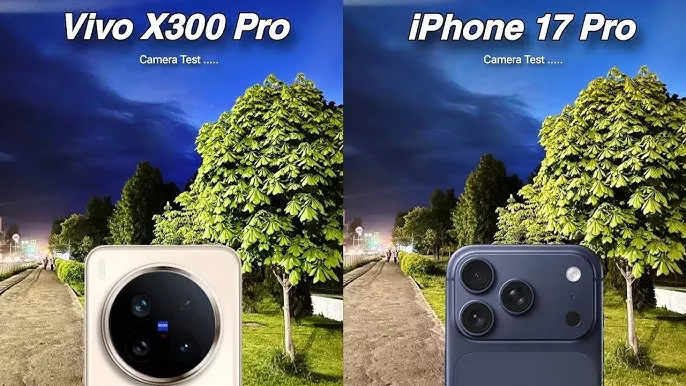 Hasil perbandingan foto malam hari antara kamera vivo X300 Pro dan kamera iPhone 17 Pro, menyoroti modul kamera kedua ponsel.