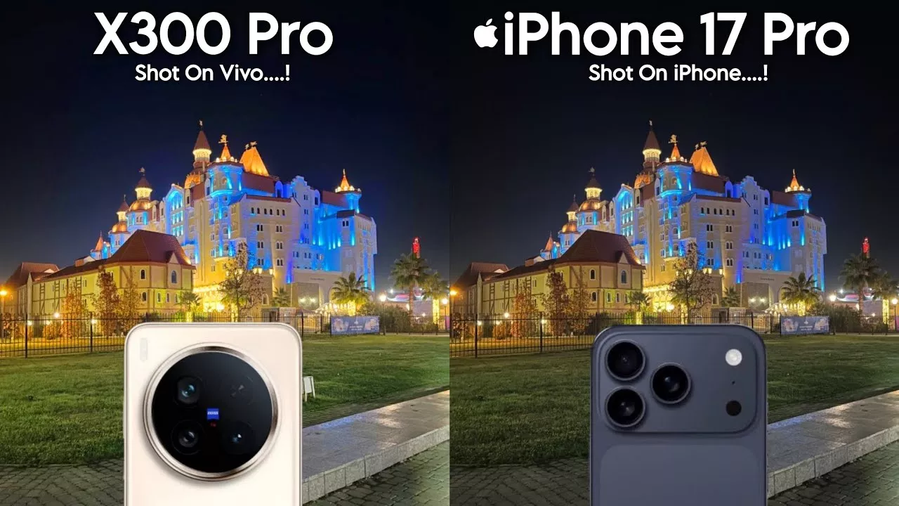 Hasil perbandingan foto malam hari yang menawan antara vivo X300 Pro dan iPhone 17 Pro, menyoroti modul kamera kedua ponsel.