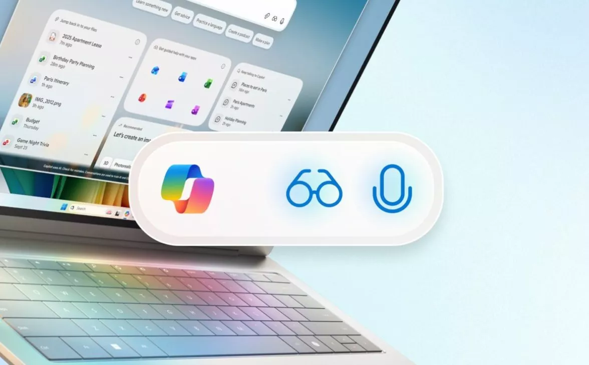 Antarmuka Copilot di Windows 11 dengan ikon suara dan visual, terpasang di atas laptop.
