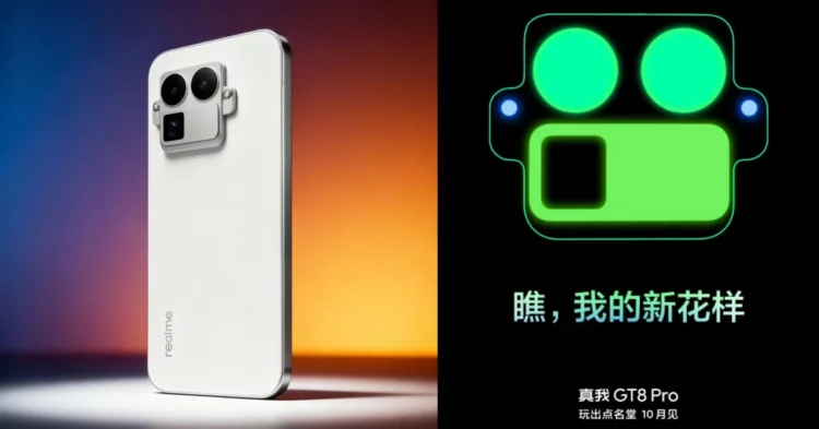Bocoran desain belakang Realme GT 8 Pro dengan modul kamera bongkar pasang, bersanding dengan ilustrasi modularnya.