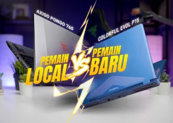 Gambar duel laptop Axioo Pongo 760 vs Colorful P15, membandingkan pemain lokal melawan pemain baru di pasar laptop gaming 15 jutaan.