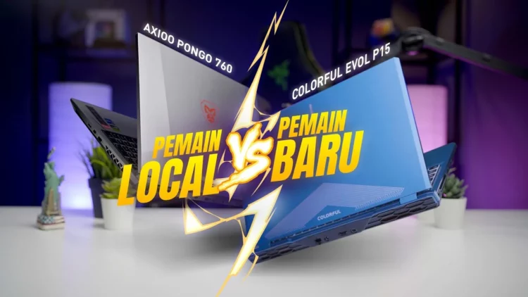 Gambar duel laptop Axioo Pongo 760 vs Colorful P15, membandingkan pemain lokal melawan pemain baru di pasar laptop gaming 15 jutaan.