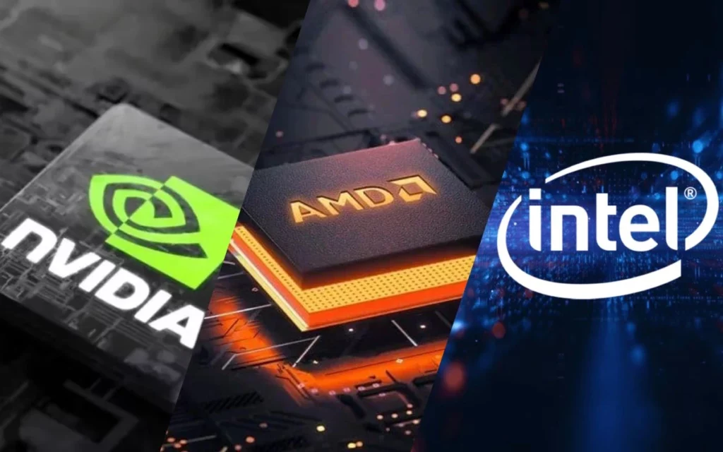 Kolase logo tiga merek GPU terbesar: NVIDIA, AMD, dan Intel, yang semuanya akan mendukung teknologi AMD FSR Redstone.