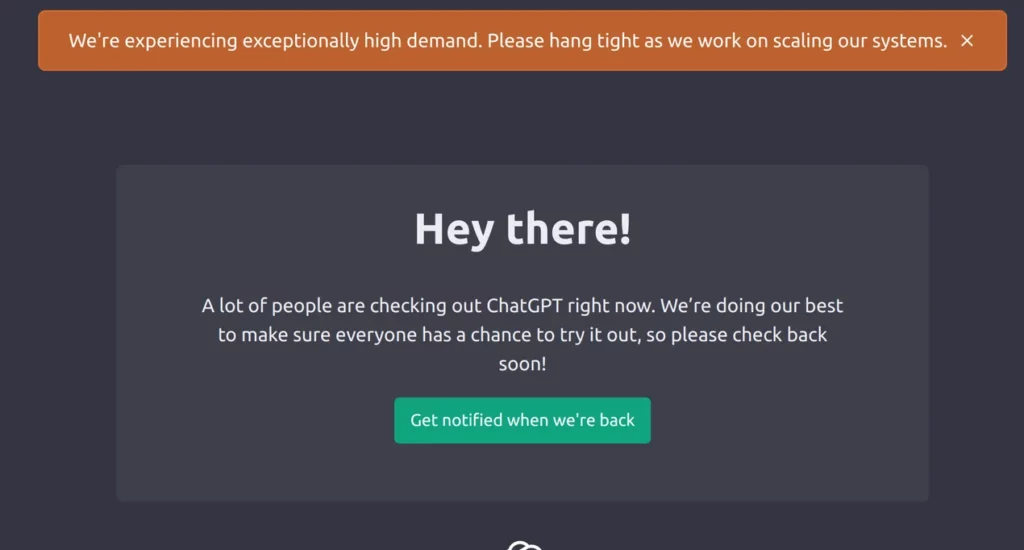 Contoh pesan error saat server kelebihan beban, salah satu penyebab utama mengapa ChatGPT tidak bisa dibuka oleh pengguna.