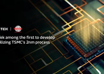 Ilustrasi teknologi chipset MediaTek 2nm hasil kemitraan dengan TSMC, menunjukkan sebuah prosesor canggih di atas papan sirkuit yang menyala.