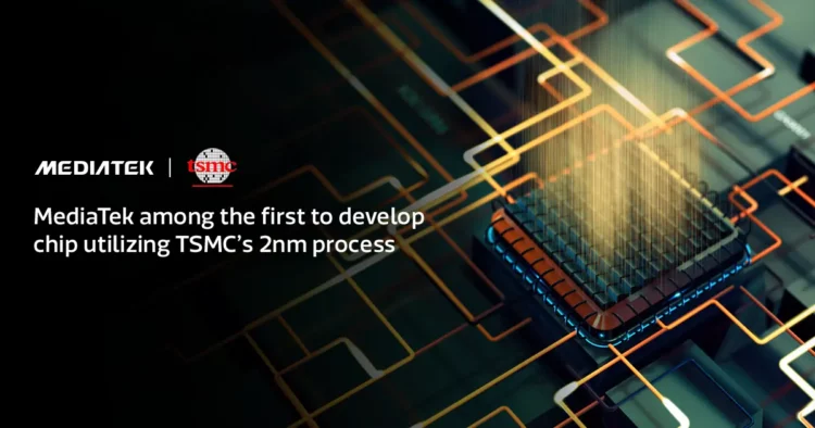Ilustrasi teknologi chipset MediaTek 2nm hasil kemitraan dengan TSMC, menunjukkan sebuah prosesor canggih di atas papan sirkuit yang menyala.