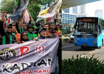 Kolase gambar aksi demo ojek online (ojol) dan bus Transjakarta sebagai solusi alternatif dengan tarif transportasi umum Rp 1 saat ojol mogok.