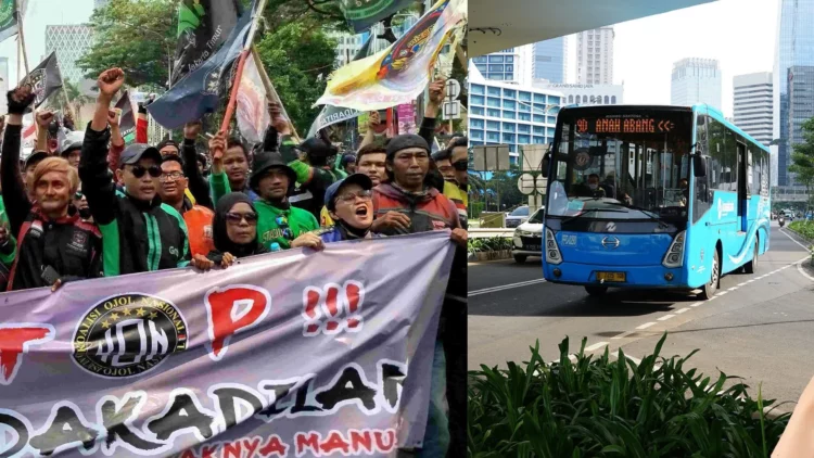 Kolase gambar aksi demo ojek online (ojol) dan bus Transjakarta sebagai solusi alternatif dengan tarif transportasi umum Rp 1 saat ojol mogok.