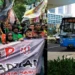 Kolase gambar aksi demo ojek online (ojol) dan bus Transjakarta sebagai solusi alternatif dengan tarif transportasi umum Rp 1 saat ojol mogok.