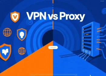 Infografis perbandingan VPN vs Proxy, menunjukkan sisi VPN yang aman dengan ikon perisai dan gembok, serta sisi Proxy yang kurang aman dengan ikon server.