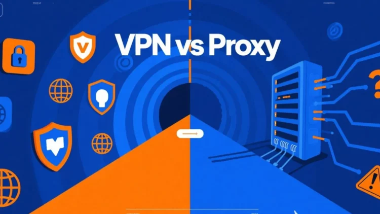 Infografis perbandingan VPN vs Proxy, menunjukkan sisi VPN yang aman dengan ikon perisai dan gembok, serta sisi Proxy yang kurang aman dengan ikon server.