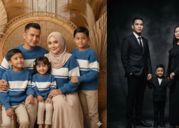Kolase dua foto keluarga di studio, menjadi inspirasi untuk membuat gambar serupa menggunakan prompt foto keluarga AI di Google Gemini.