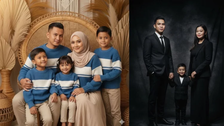 Kolase dua foto keluarga di studio, menjadi inspirasi untuk membuat gambar serupa menggunakan prompt foto keluarga AI di Google Gemini.