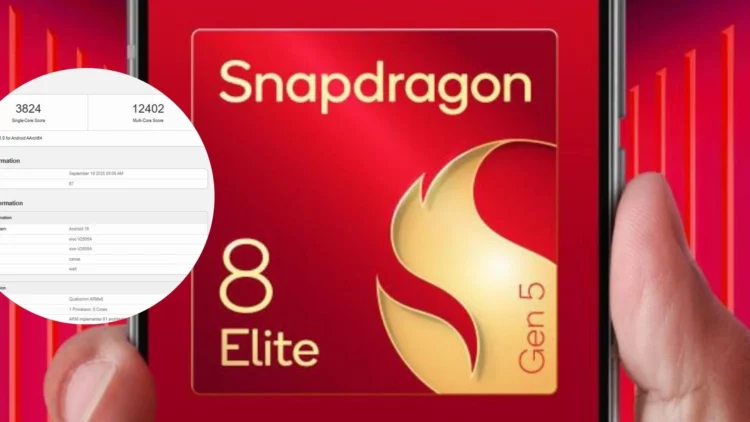 Kolase yang menampilkan hasil skor Snapdragon 8 Elite Gen 5 di Geekbench yang mencapai 12.402 poin, di samping logo resmi chipset tersebut.