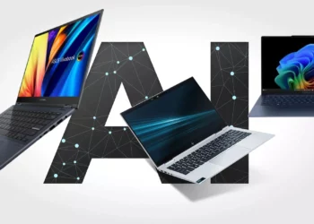 Kolase beberapa model laptop AI terbaik yang direkomendasikan di tahun 2025, dengan tulisan "AI" besar di latar belakang.