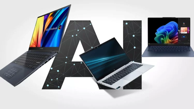 Kolase beberapa model laptop AI terbaik yang direkomendasikan di tahun 2025, dengan tulisan "AI" besar di latar belakang.