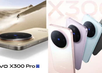 Kolase gambar promosi HP Vivo X300 dan X300 Pro, menampilkan desain premium dan modul kamera bulat hasil kerja sama dengan Zeiss.