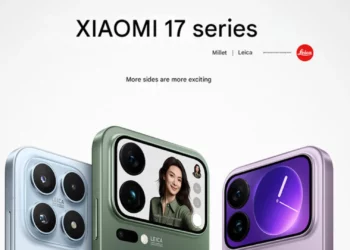 Gambar render Xiaomi 17 Pro dengan modul kamera squircle Leica, layar sekunder di varian hijau, dan varian biru serta ungu, menampilkan logo Xiaomi 17 series.
