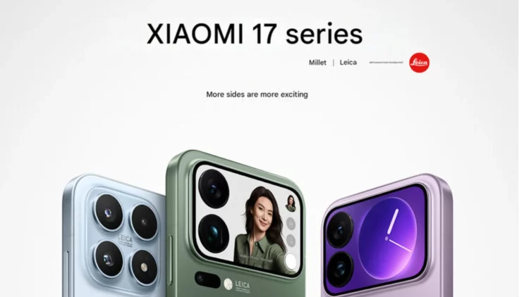 Gambar render Xiaomi 17 Pro dengan modul kamera squircle Leica, layar sekunder di varian hijau, dan varian biru serta ungu, menampilkan logo Xiaomi 17 series.