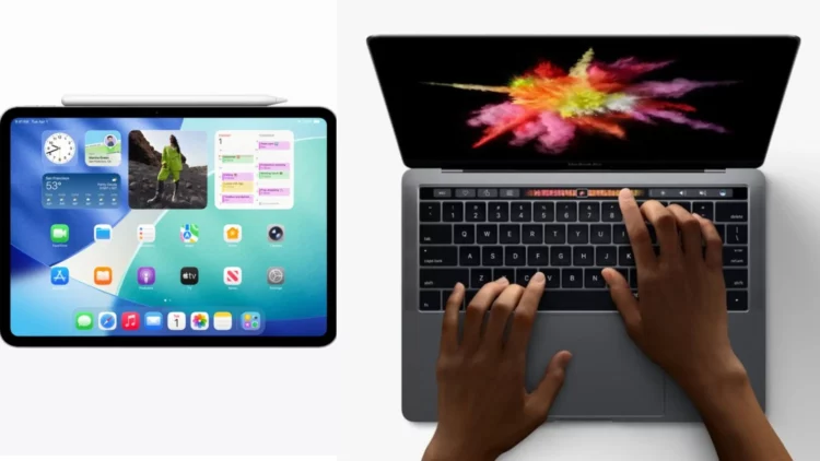 Gambar perbandingan antarmuka iPadOS di iPad Pro dan macOS di MacBook Pro, menggambarkan evolusi dan potensi hadirnya MacBook layar sentuh dari Apple.
