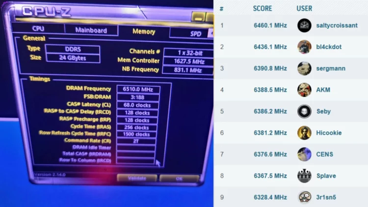 Tangkapan layar CPU-Z yang menjadi bukti rekor dunia Overclocking RAM DDR5, menampilkan frekuensi 6510 MHz atau 13.020 MT/s dengan timing longgar.