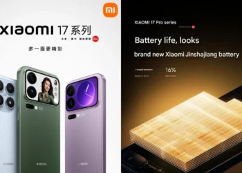 Kolase gambar yang menampilkan desain tiga varian warna dari Xiaomi 17 series dan inovasi teknologi baterai baru 'Jinshajiang'.