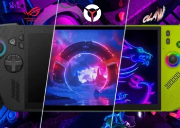 konsol game terbaik 2025: Perbandingan desain ASUS ROG Ally, Lenovo Legion Go, dan MSI Claw dengan logo masing-masing di latar belakang.