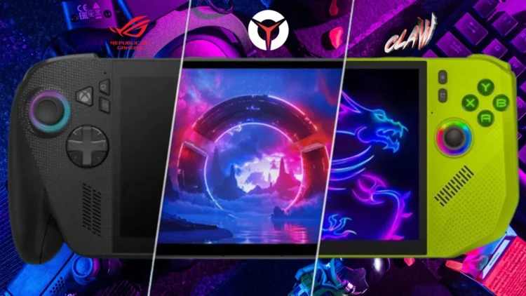 konsol game terbaik 2025: Perbandingan desain ASUS ROG Ally, Lenovo Legion Go, dan MSI Claw dengan logo masing-masing di latar belakang.