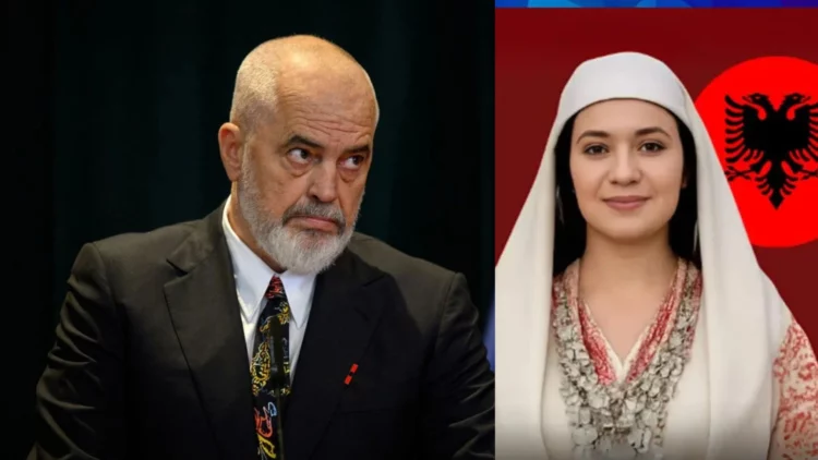 Perdana Menteri Albania Edi Rama di sebelah avatar digital Menteri AI pertama di dunia dengan latar bendera Albania.