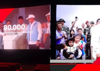 Kolase dua adegan video Prabowo di bioskop, menunjukkan acara peluncuran Koperasi Desa Merah Putih dan Prabowo Subianto berinteraksi dengan masyarakat.
