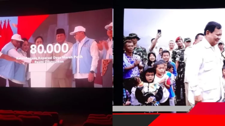 Kolase dua adegan video Prabowo di bioskop, menunjukkan acara peluncuran Koperasi Desa Merah Putih dan Prabowo Subianto berinteraksi dengan masyarakat.