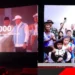 Kolase dua adegan video Prabowo di bioskop, menunjukkan acara peluncuran Koperasi Desa Merah Putih dan Prabowo Subianto berinteraksi dengan masyarakat.
