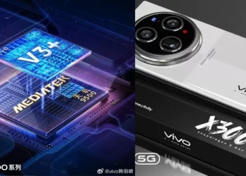 Kolase yang mengilustrasikan rahasia di balik kemampuan video sinematik Vivo X300: duet chip Dimensity 9500 dan Vivo V3+ yang menjadi otaknya.